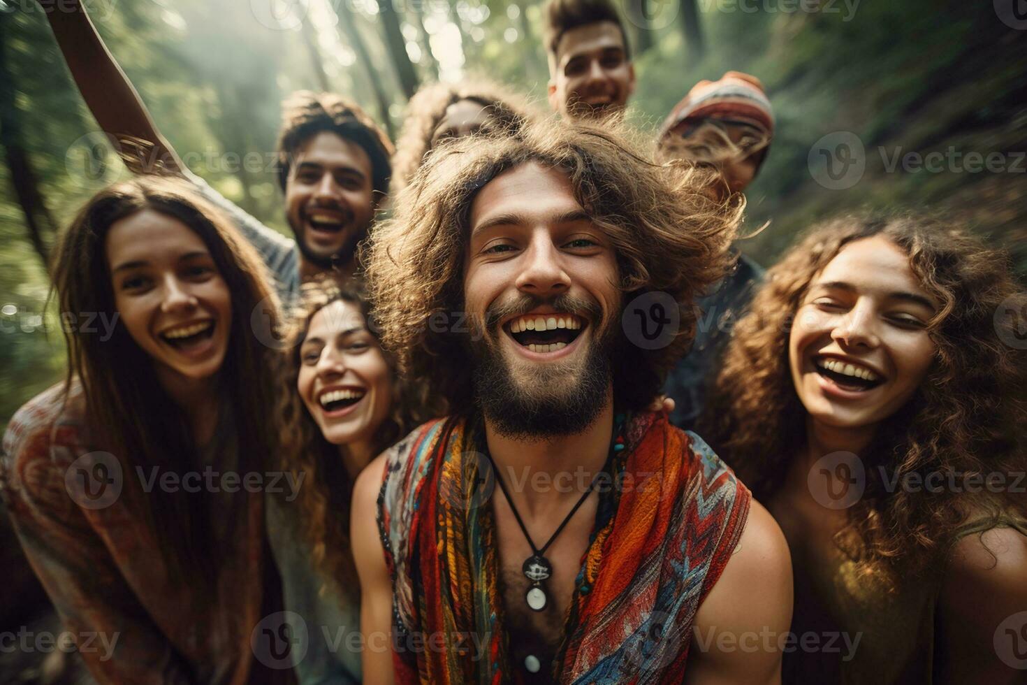 AI generated taking selfie Small happy group of hikers exploring forest in the autumn enjoying trip photo