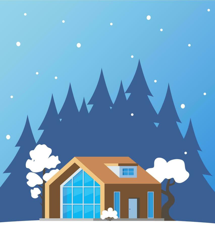 Winter landscape with big house. Winter holidays. Cute winter landscape for holiday banner. Lovely house in a snowy valley. Winter Cabin. Vector illustration.