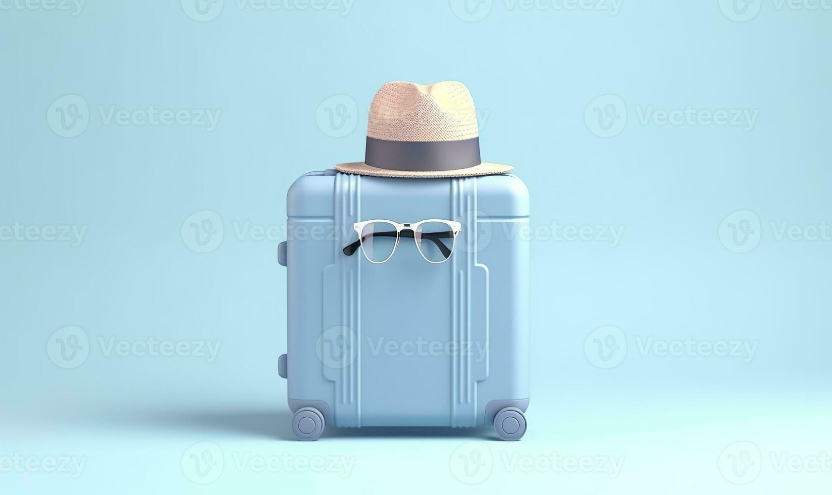 AI generated Blue suitcase with sunglasses on a pastel blue background. travel concept. Generative AI photo