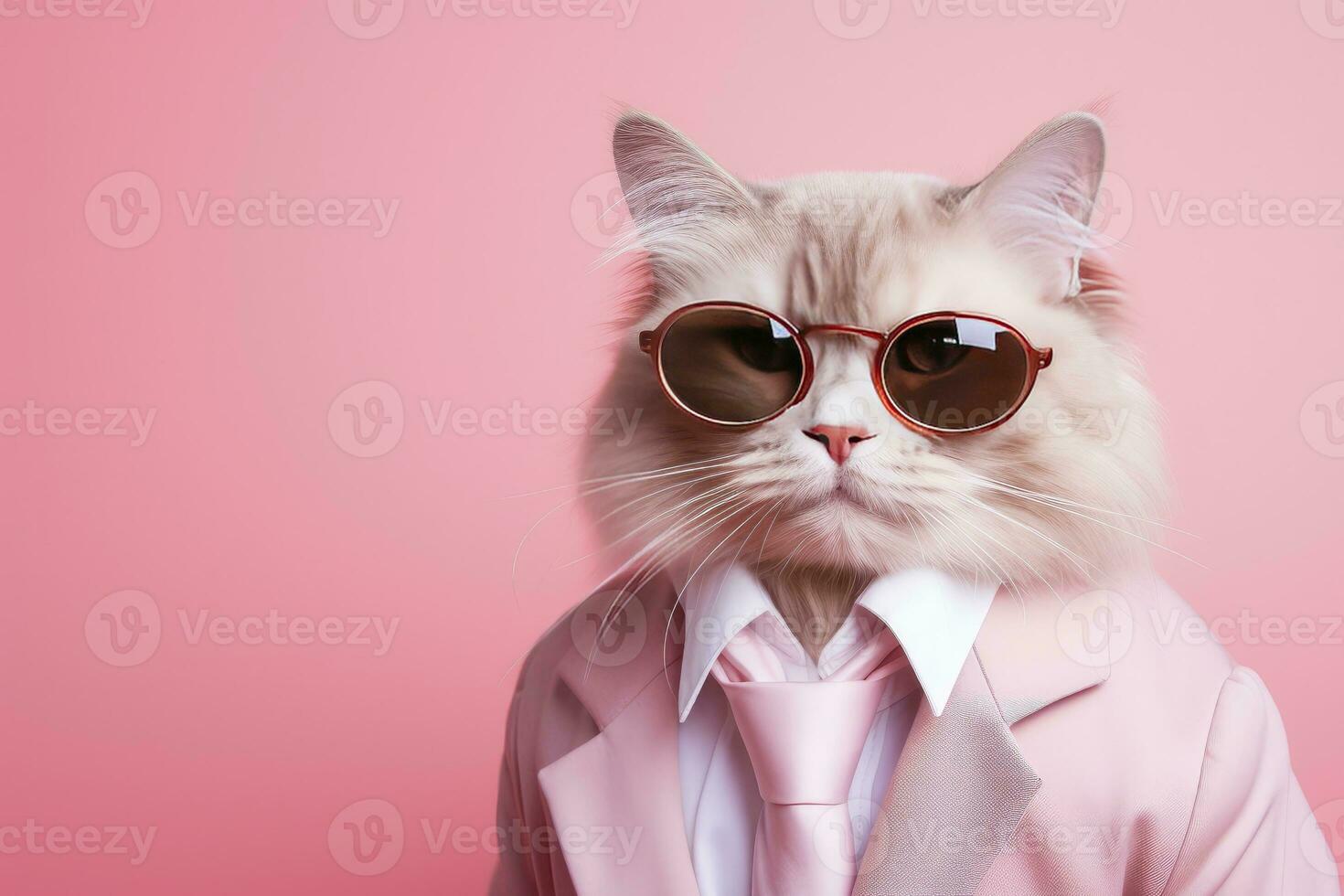 AI generated A cat is wearing sunglasses and suit on Pink Background. AI Generated photo