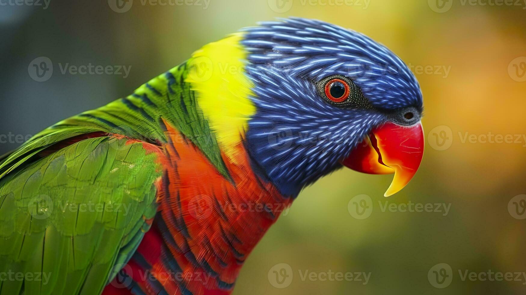 AI generated Side view Closeup of beautiful and colorful Lorikeet Green naped bird. Generative AI photo