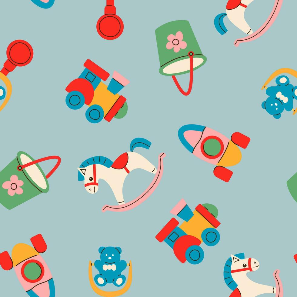Various toys for kids. Hand drawn vector seamless pattern. Wooden train, rocking horse, bucket, rocket, beanbag. Children games, preschool activities concept.