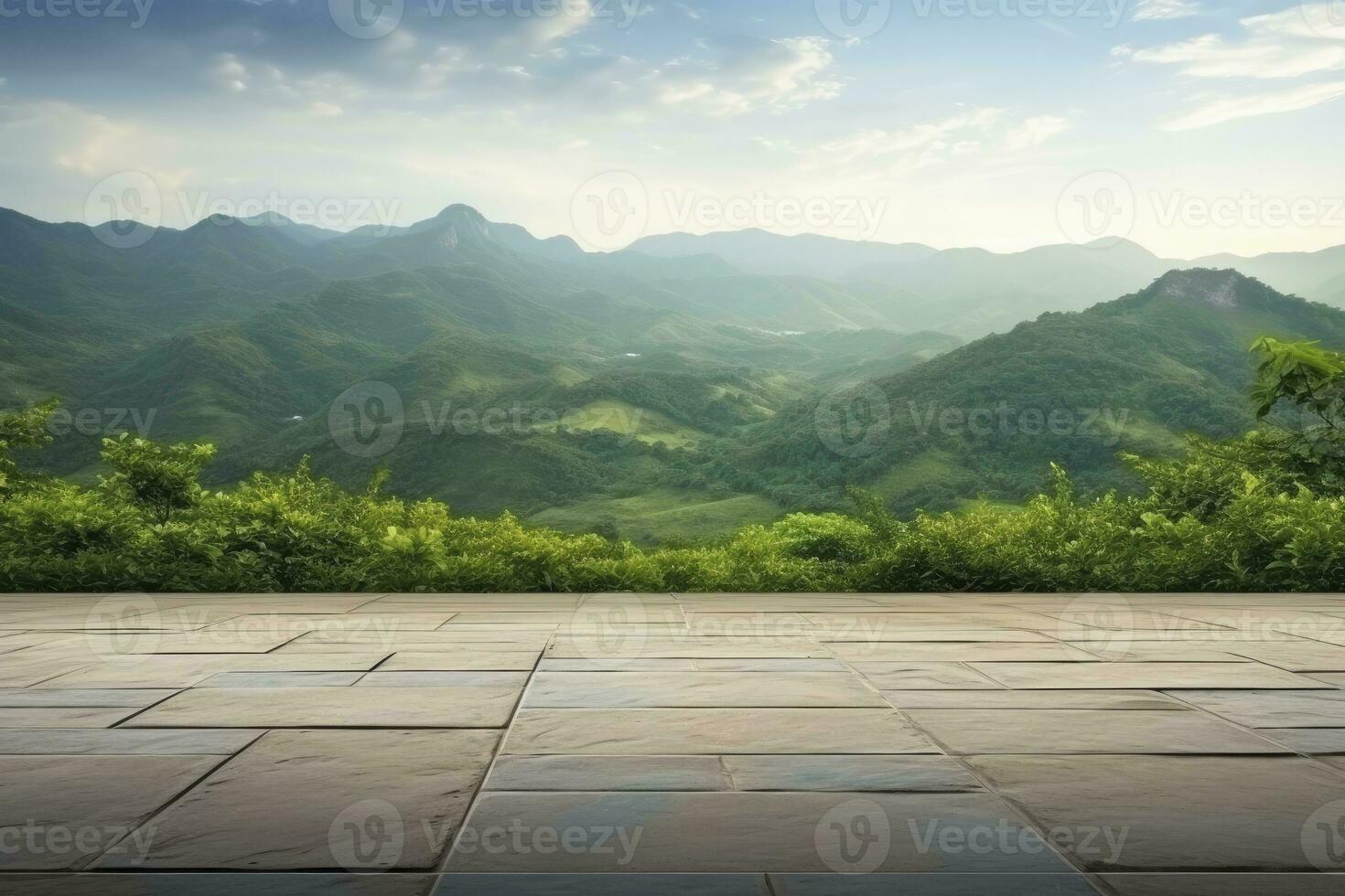 AI generated Square floor and green mountain nature landscape. AI Generated. photo