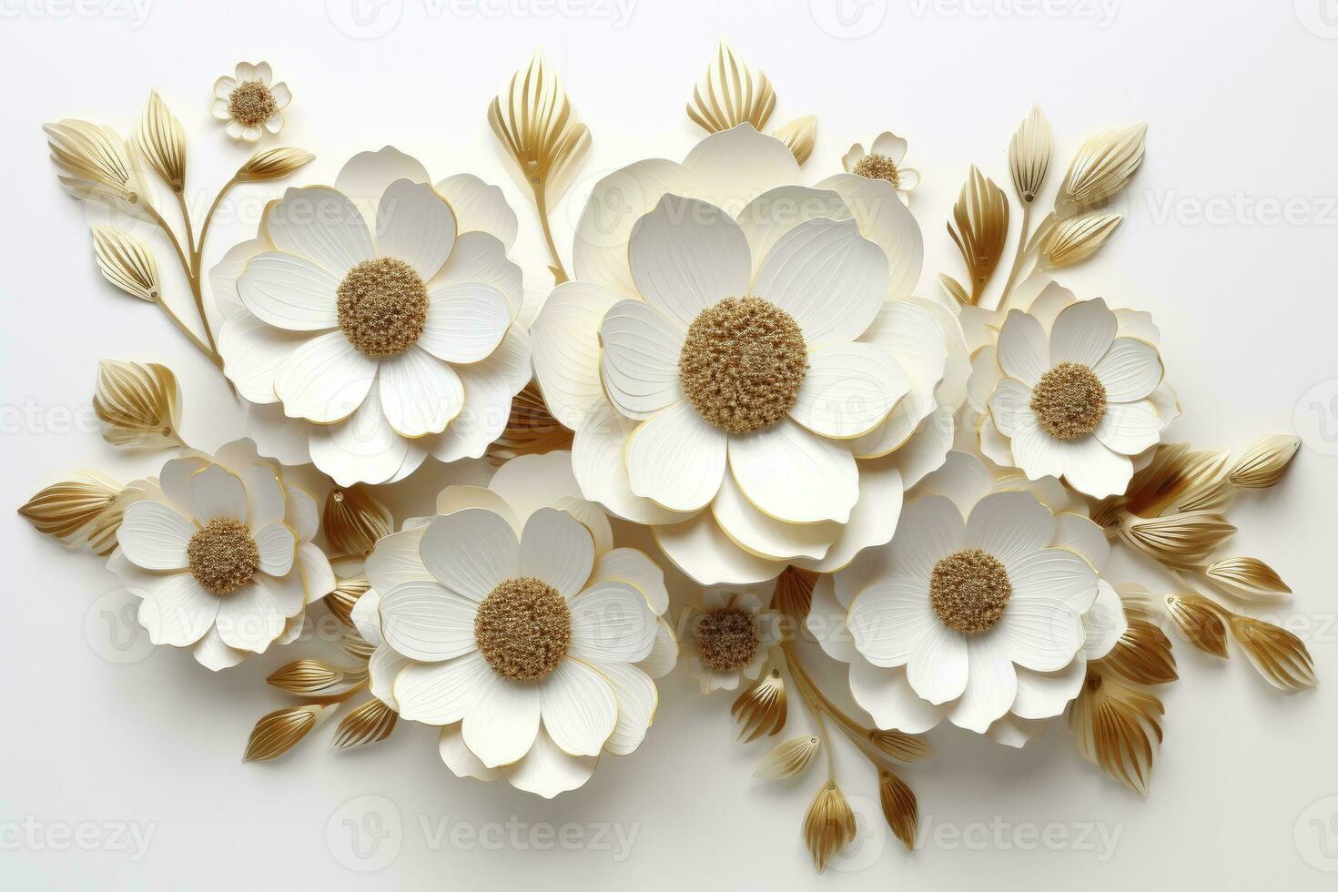 AI generated 3d gold flowers white backgroung. AI Generated photo