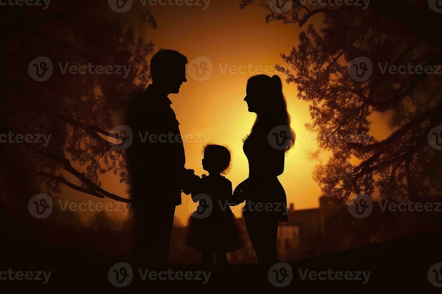 AI generated Shadow of Happy family together, parents with their little baby at sunset. A Silhouette of Love and Unity. AI Generative photo