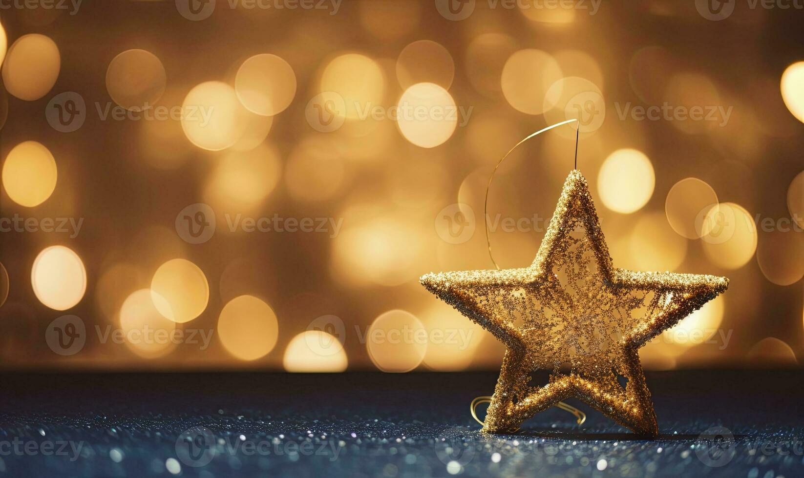 AI generated Sparkling Golden Christmas Star. Ornament Decoration Defocused Bokeh Background. AI Generated photo