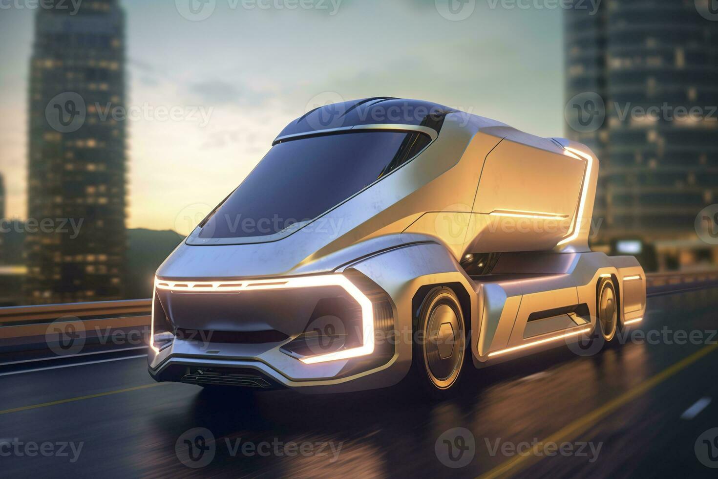 AI generated 23rd Century Futuristic Truck with Hyper Modern Drive, Wide Angle Lens, and Futuristic Skyscraper in the Background. AI Generative photo
