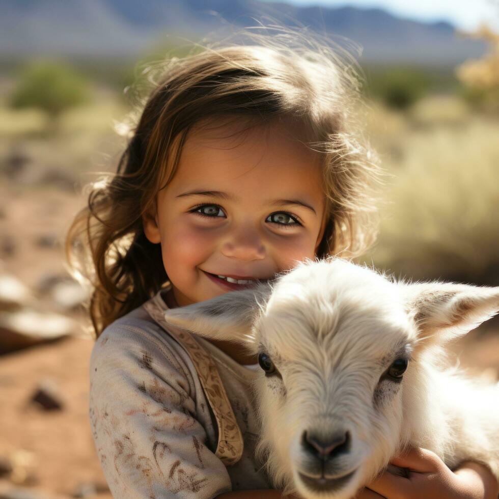 AI generated An adorable shot of a little girl hugging a baby goat, both of them looking into the camera photo