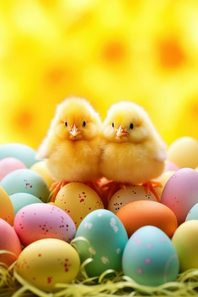 AI generated A playful background with bright yellow Easter chicks and colorful eggs, photo