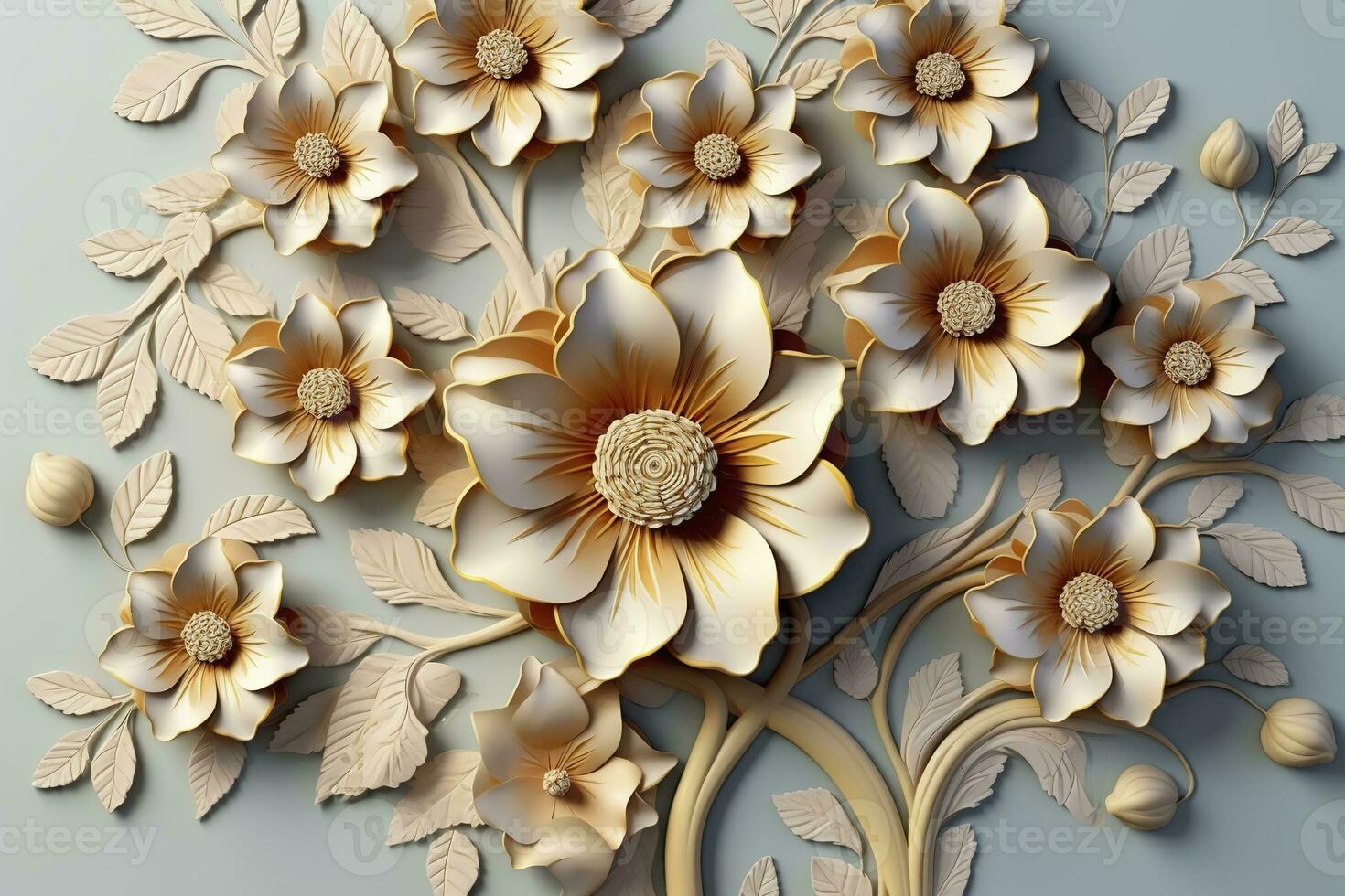 AI generated Elegant colorful 3d flowers with leaves on a tree illustration background. Generative AI photo