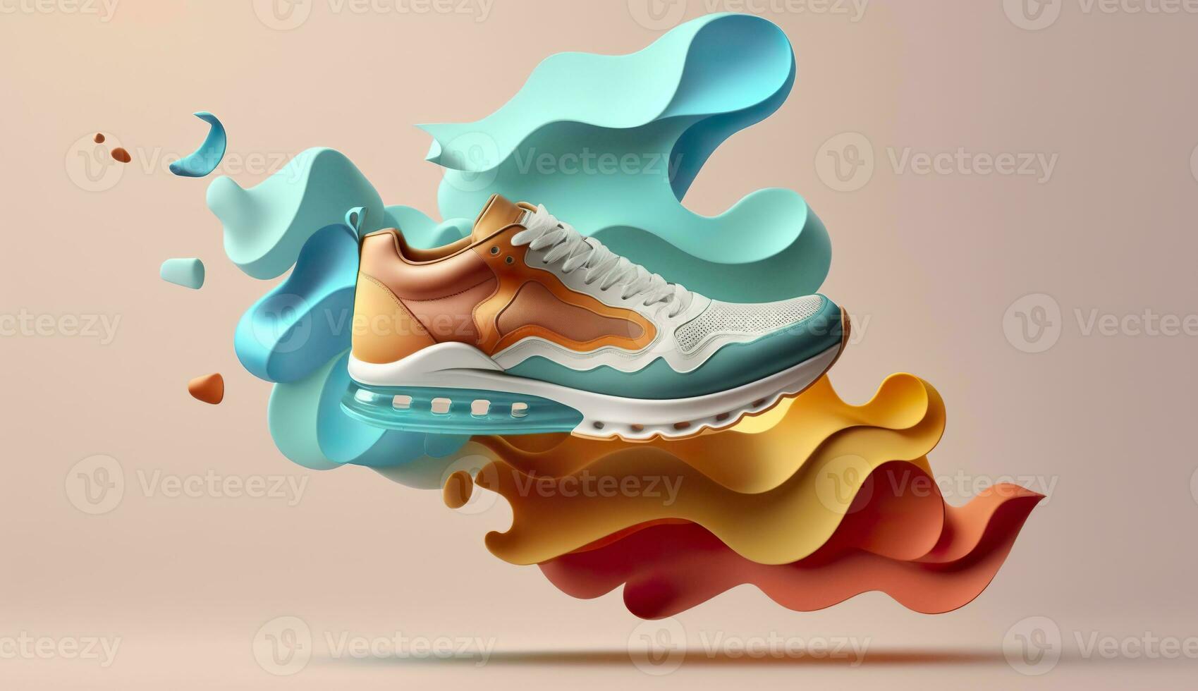 AI generated Flying trendy sneakers on creative colorful background, Stylish fashionable concept. AI Generated photo