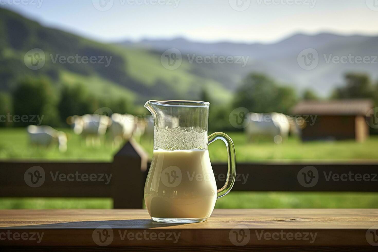 AI generated Glass pitcher with fresh milk on a wooden table. AI Generated photo