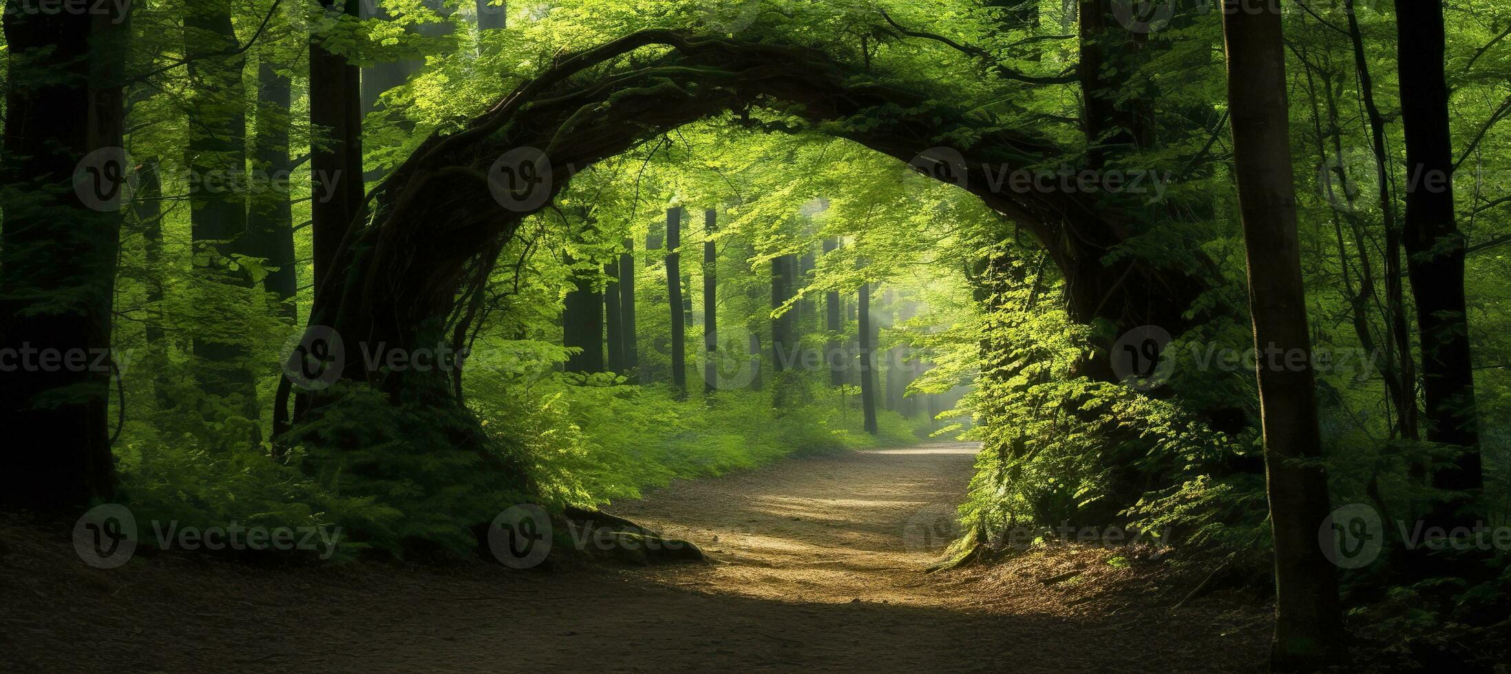 AI generated Natural archway shaped by branches in the forest. AI Generated photo