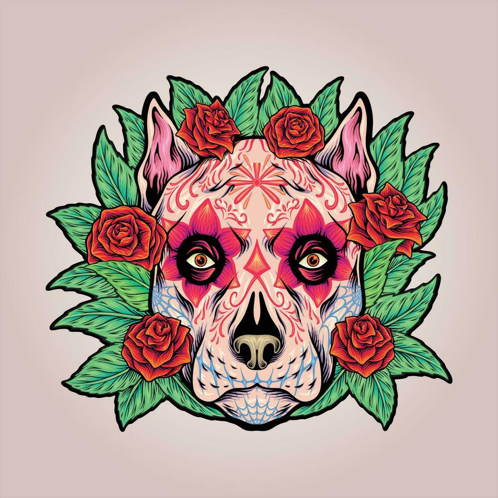 Floral muerte dog head fantasia vector illustrations for your work logo, merchandise t-shirt, stickers and label designs, poster, greeting cards advertising business company or brands