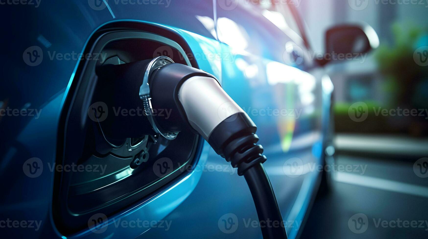 AI generated EV charging station for blue green colored electric car in concept of green energy and eco power photo