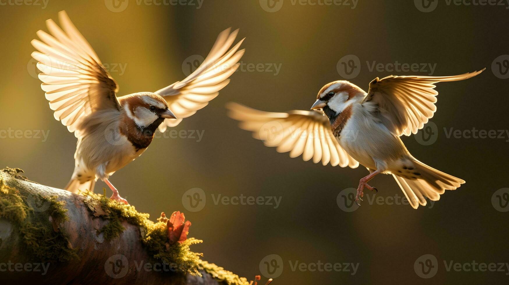 AI generated Two tree sparrows flying in garden at sunset photo