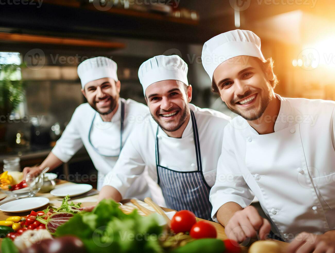 AI generated A caucasian boy dressed as a chef and preparing food in kitchen. photo