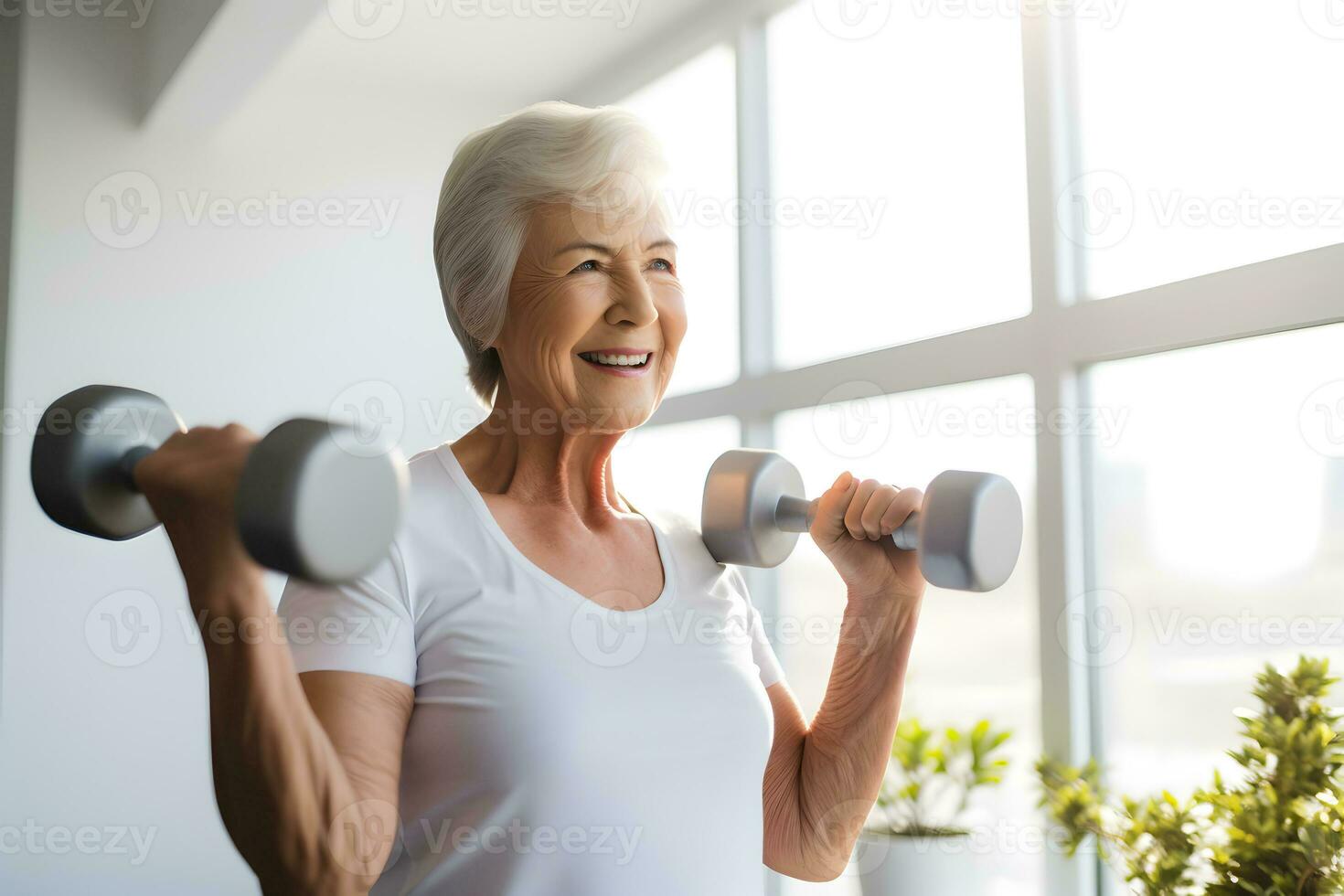 AI generated Senior Caucasian woman doing exercise with dumbbell at home photo