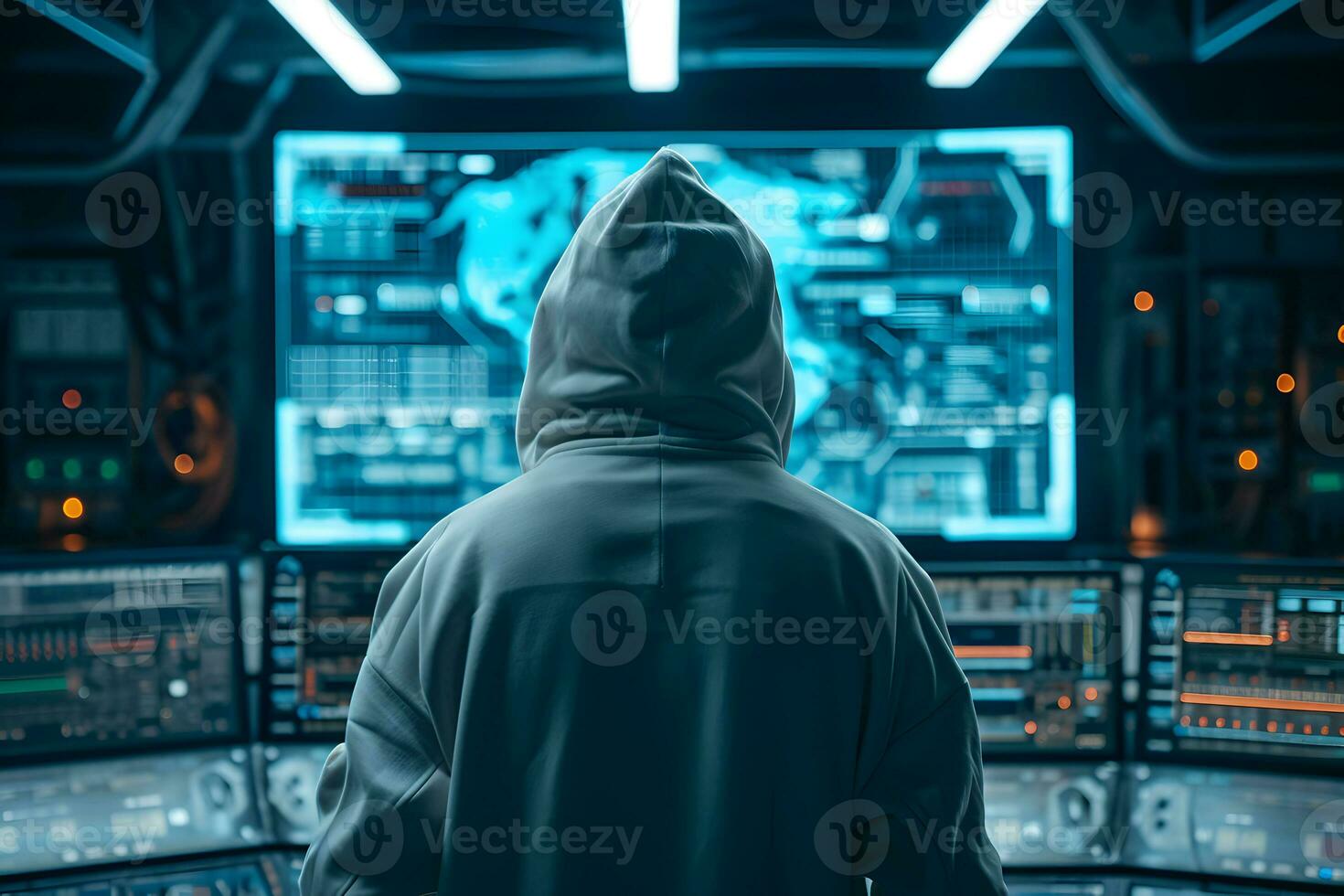 AI generated Back view of anonymous hacker. Concept of cybercrime, cyberattack, dark web. photo