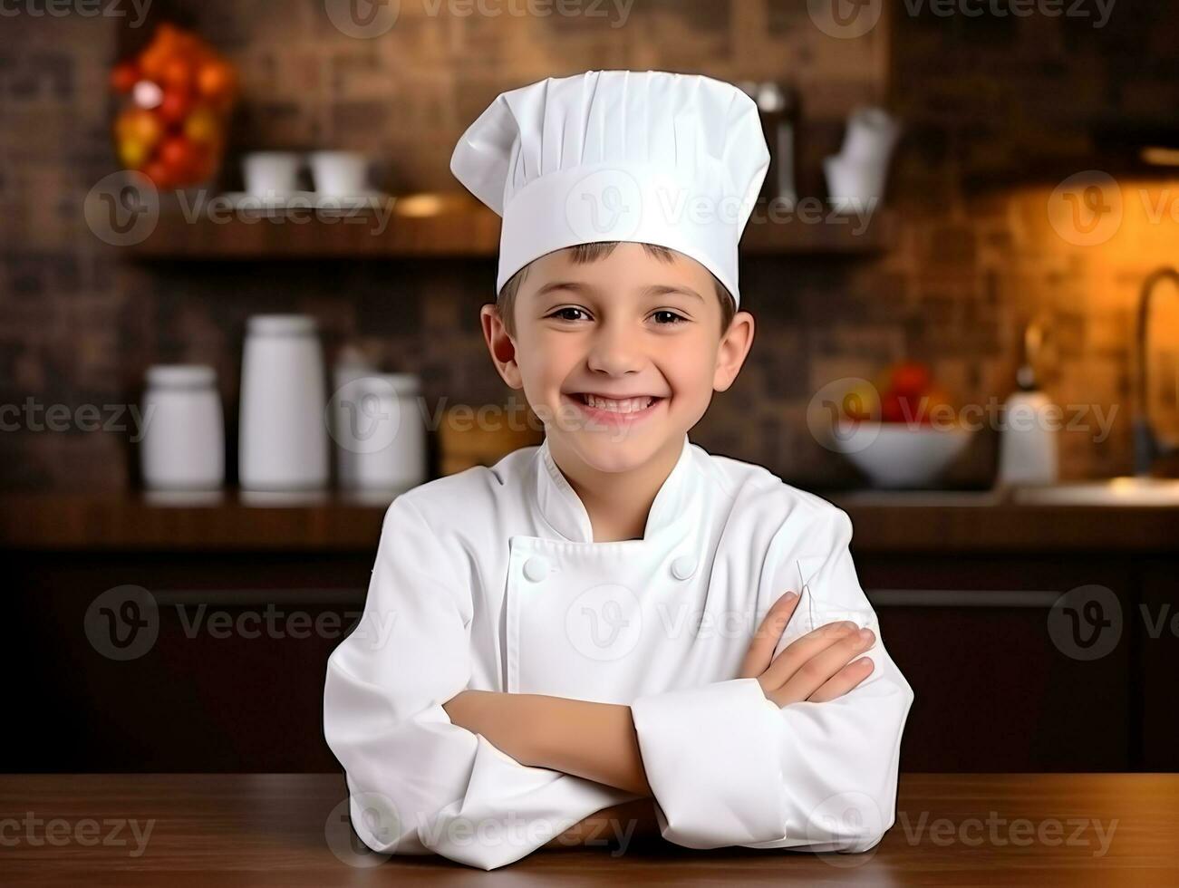 AI generated A caucasian boy dressed as a chef and preparing food in kitchen. photo