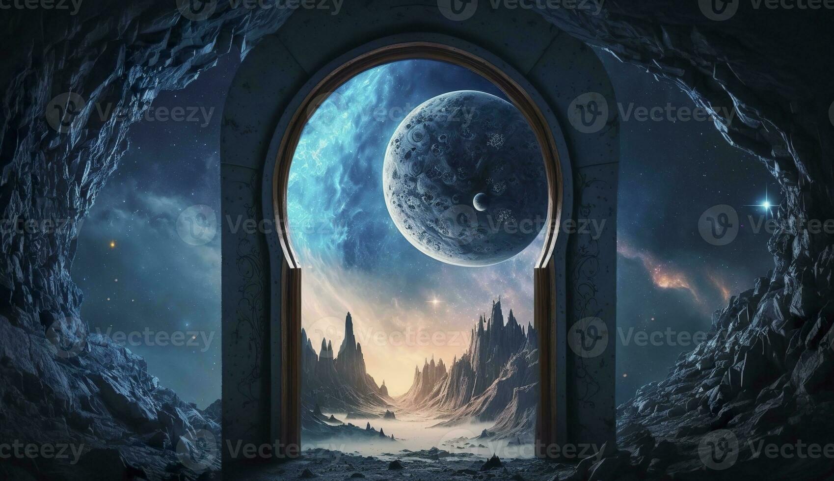 AI generated Portal to another world. Futuristic cosmic landscape with circle tunnel in starry sky. Generative AI photo