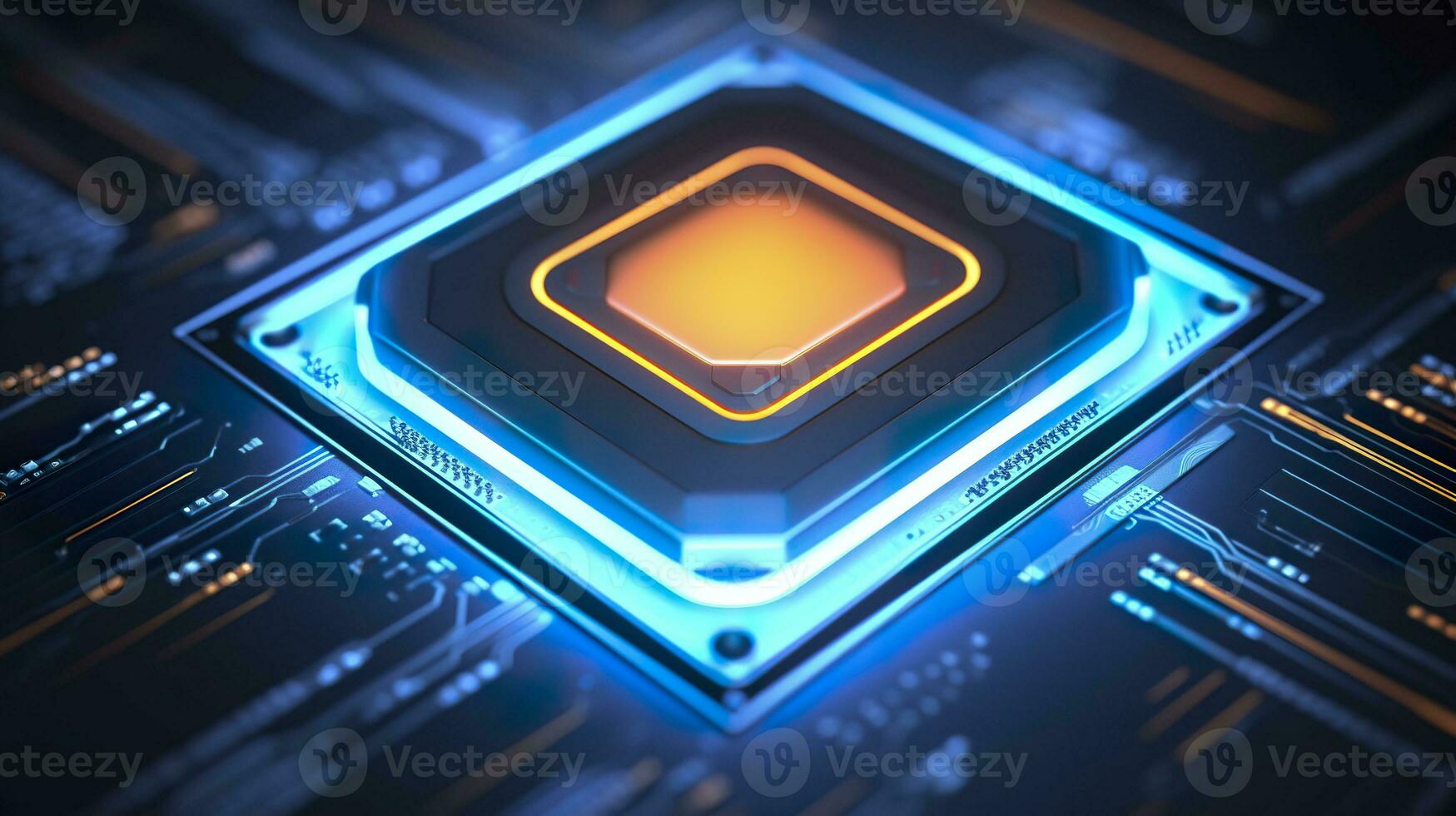 ai generado parte superior ver de un chip con brillante ligero y niebla en naranja y azul. ai generativo foto