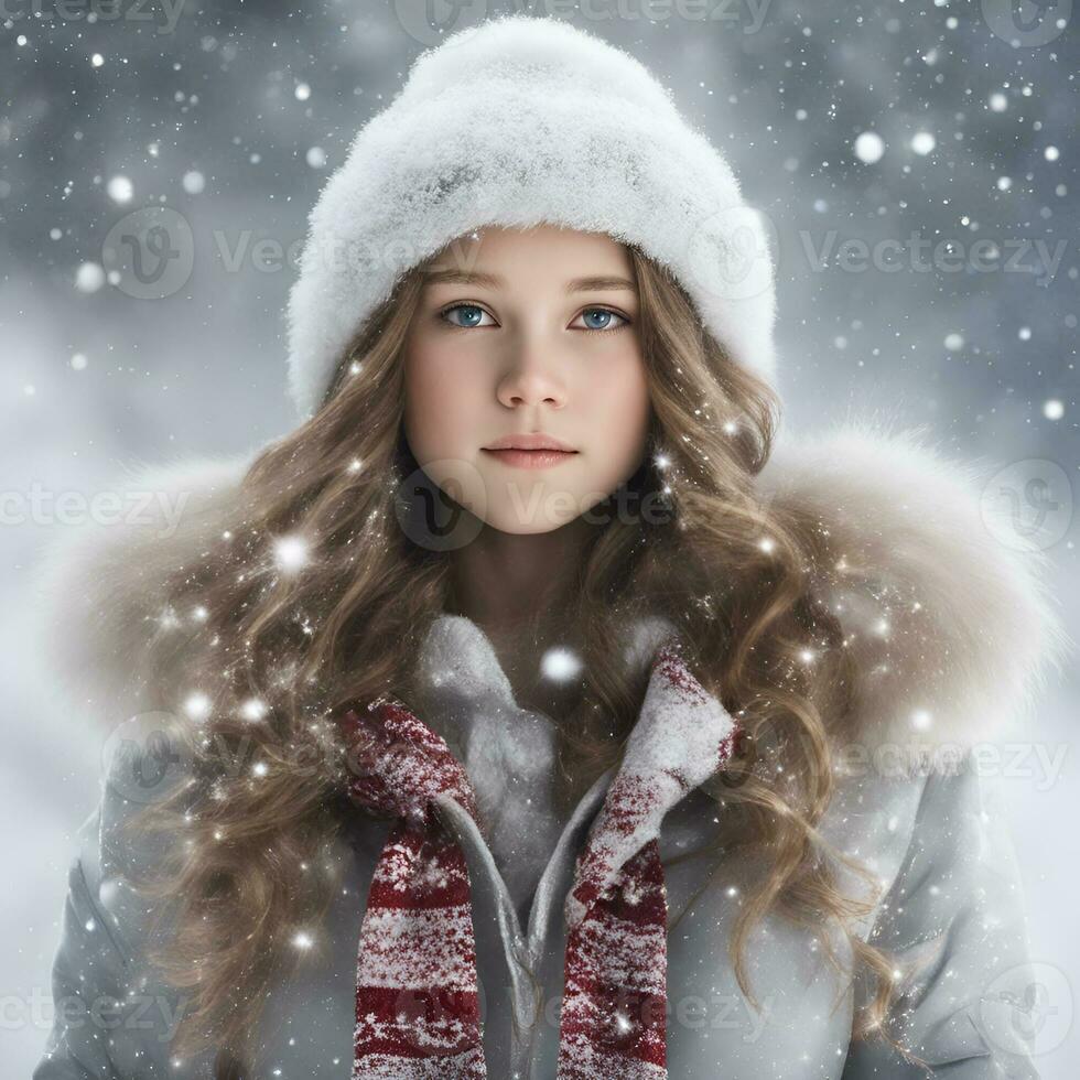 ai generado un encantador niña en el invierno temporada con un Navidad atmósfera foto