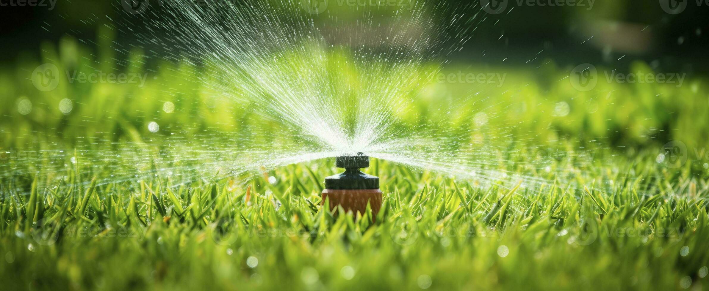 AI generated Automatic garden lawn sprinkler in action watering grass. AI Generated photo