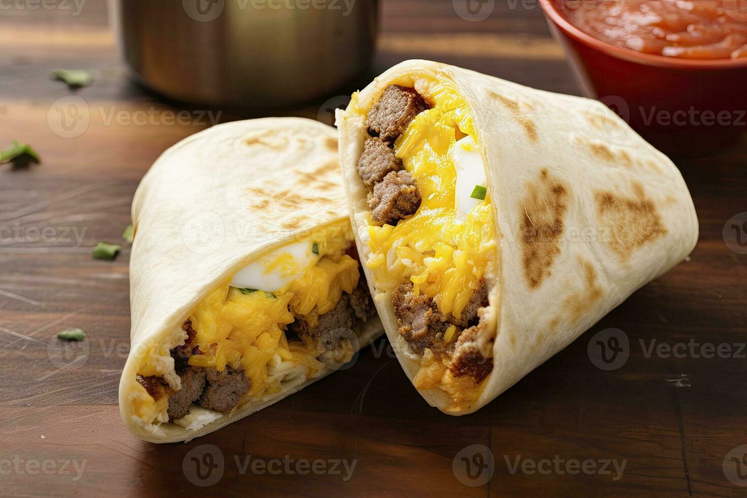 AI generated Breakfast burrito with sausage, eggs, hashbrown and cheese. AI Generated photo