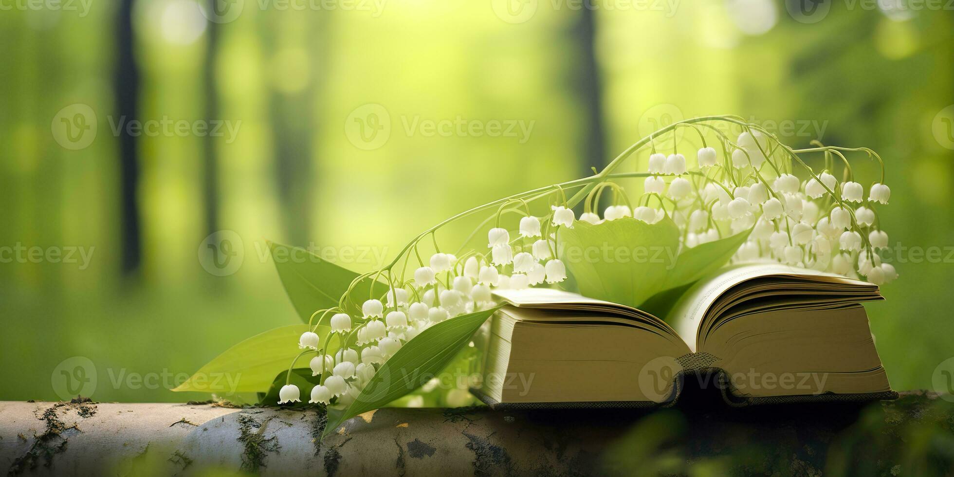 AI generated Lily of the Valley flowers and old books in the forest, green natural background. AI Generated photo