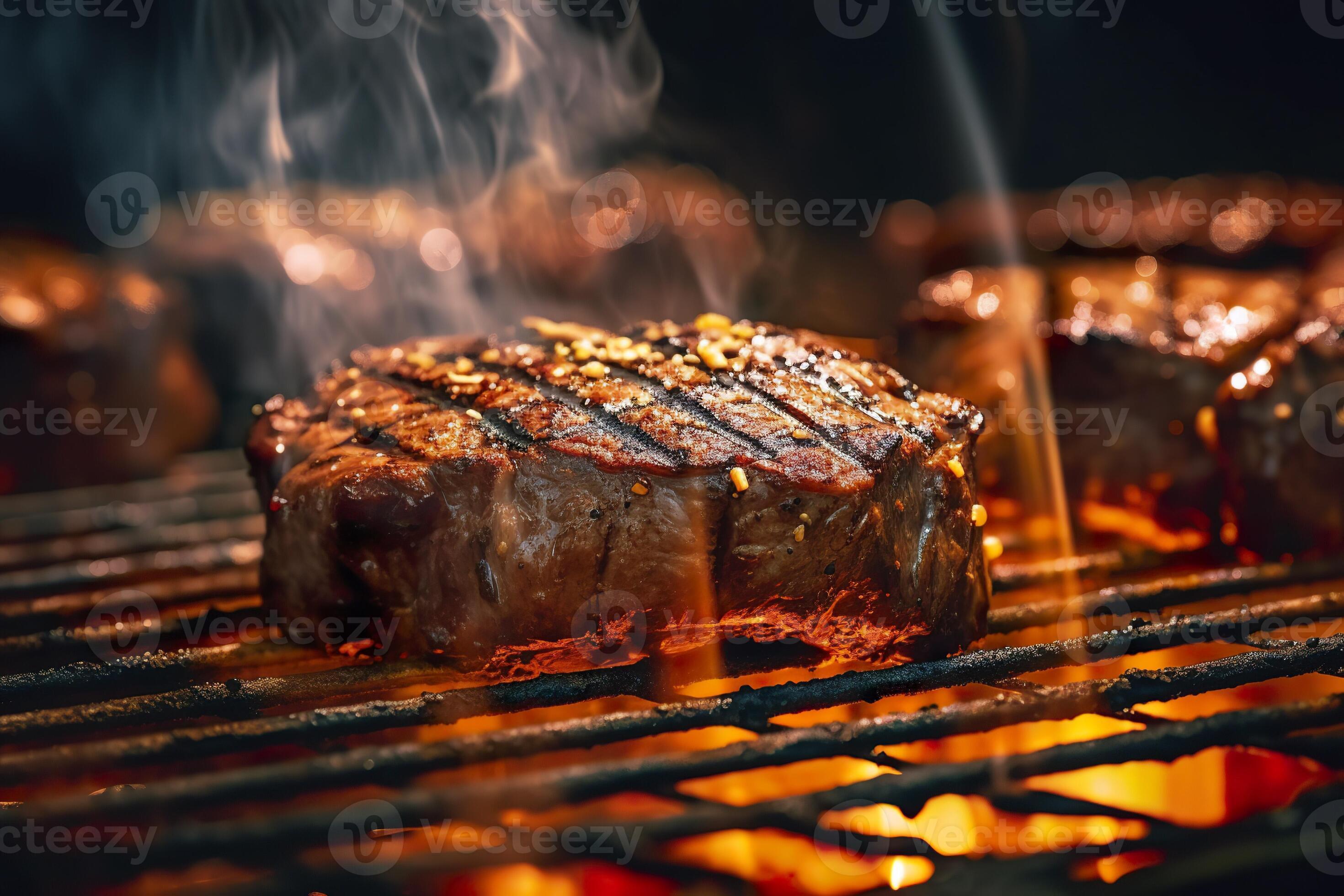 AI generated Meat grilling on a charcoal grill with smoke rising. AI