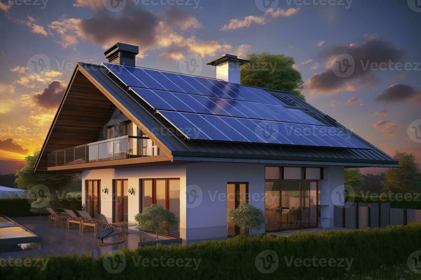 AI generated Modern house with blue solar panels on the roof. End of the day, sunset. AI Generated photo