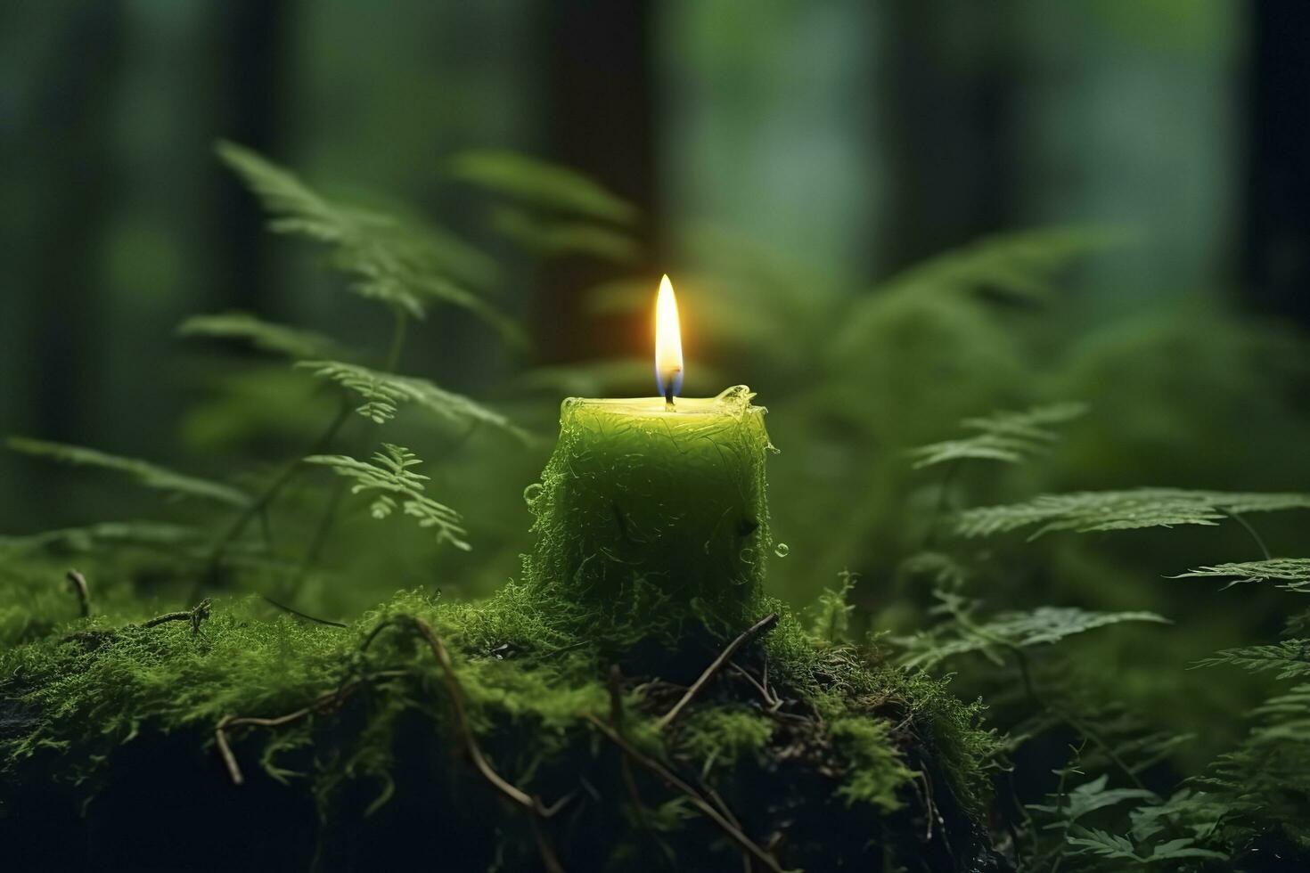 AI generated Burning candle on moss, dark green blurred the natural background. Magic candle. Generative AI photo