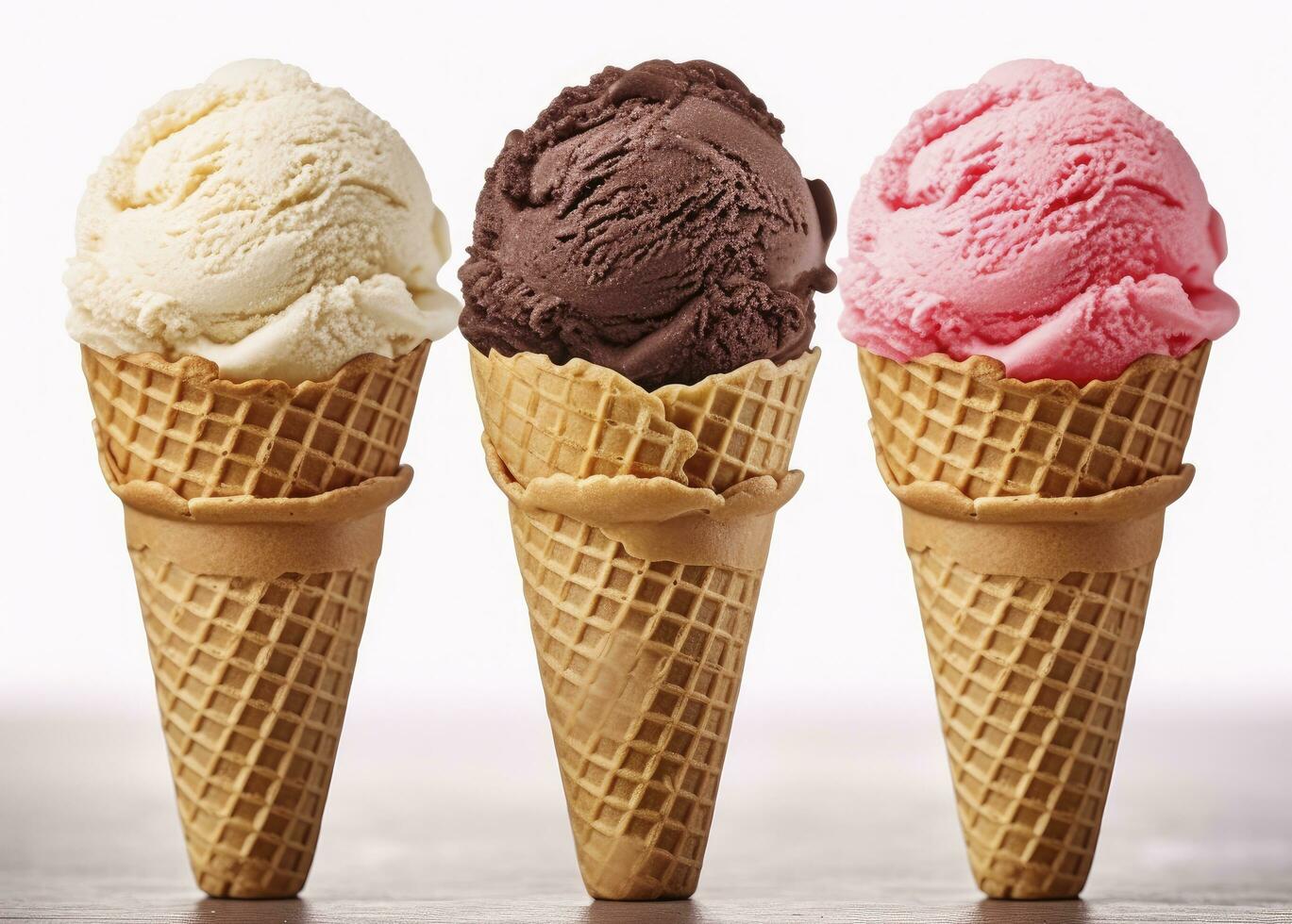 AI generated Chocolate, vanilla and strawberry Ice cream in the cone on white background. AI Generated photo