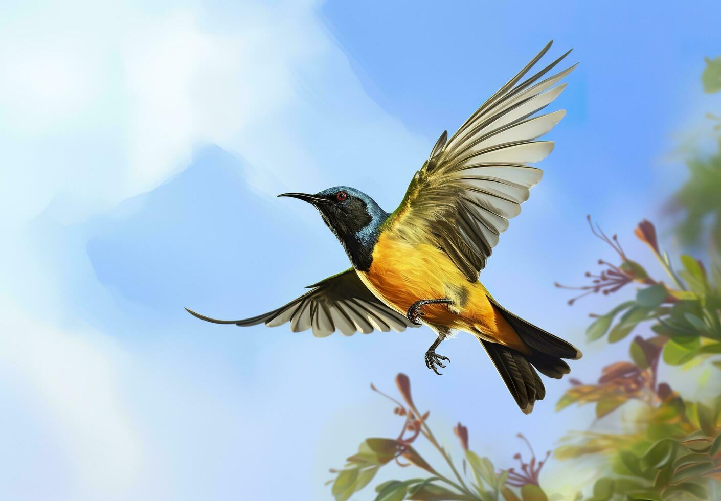 AI generated Olive backed sunbird, Yellow bellied sunbird flying in the bright sky. Generative AI photo