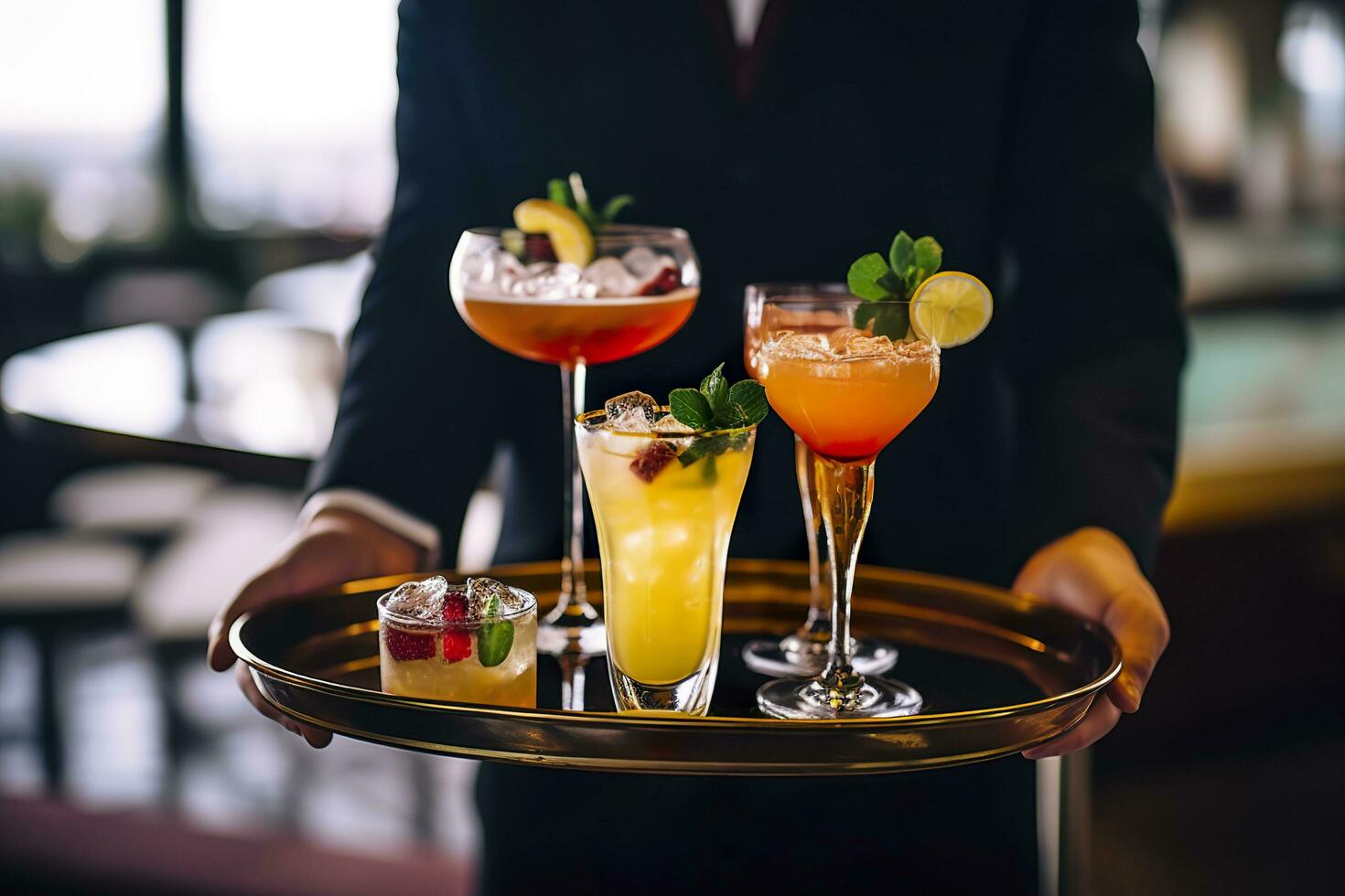 AI generated Glasses alcohol cocktail set on a waiter tray in bar. AI Generated photo