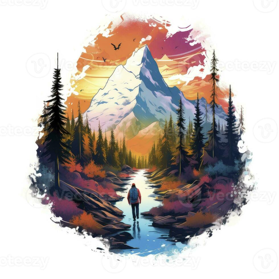 AI generated Vibrant colors wilderness hiking scene for t-shirt. AI Generated photo