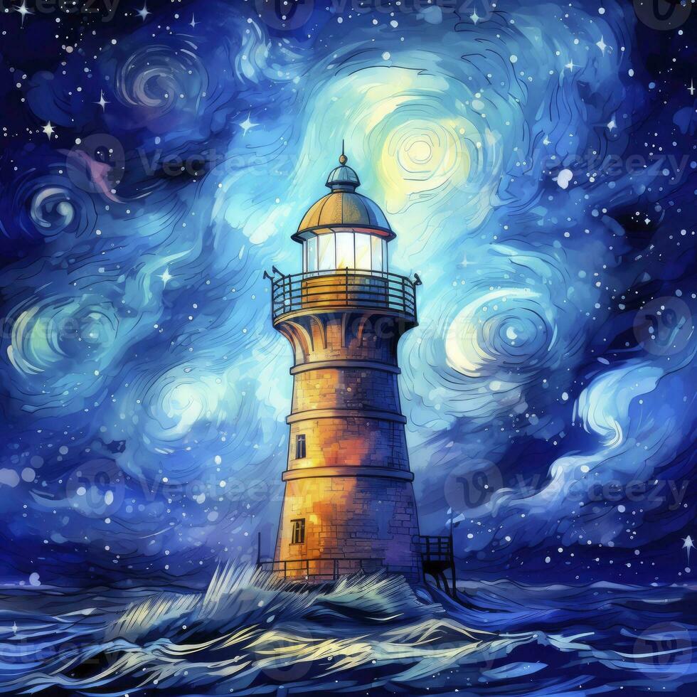 AI generated Lighthouse beside the sea at Night. watercolor for T-shirt design. AI Generated photo