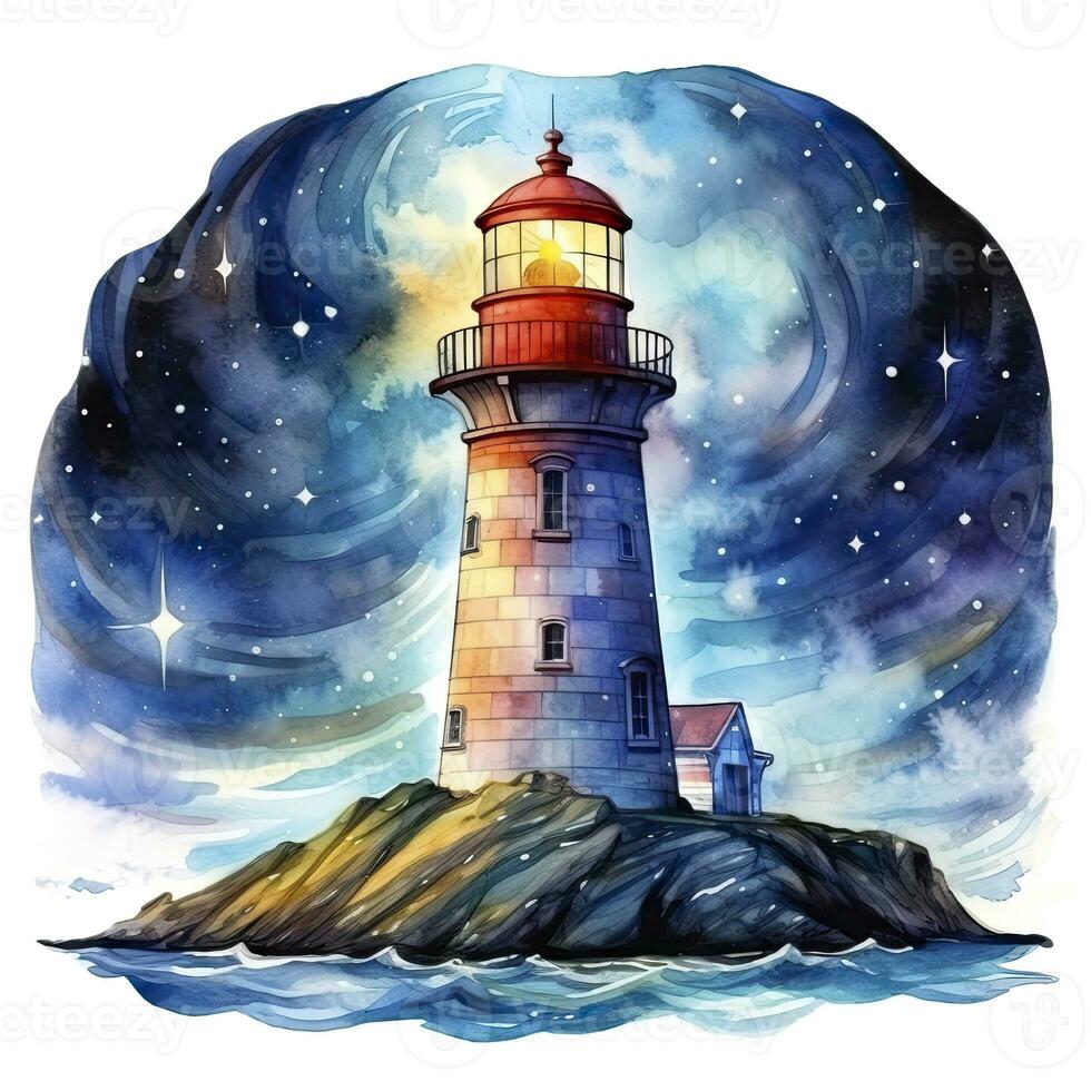 AI generated Lighthouse beside the sea at Night. watercolor for T-shirt design. AI Generated photo