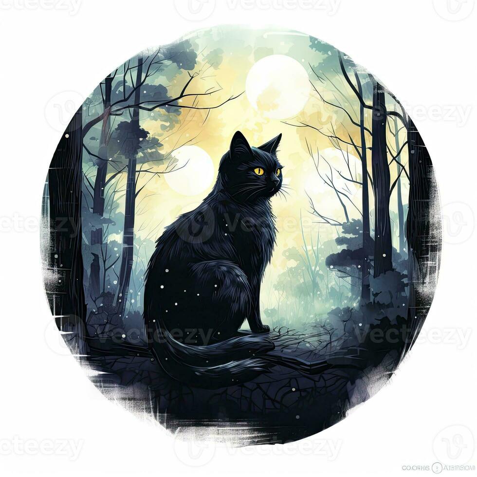 AI generated Black Cat in Moonlit Forest. Watercolor for T-shirt design. AI Generated photo