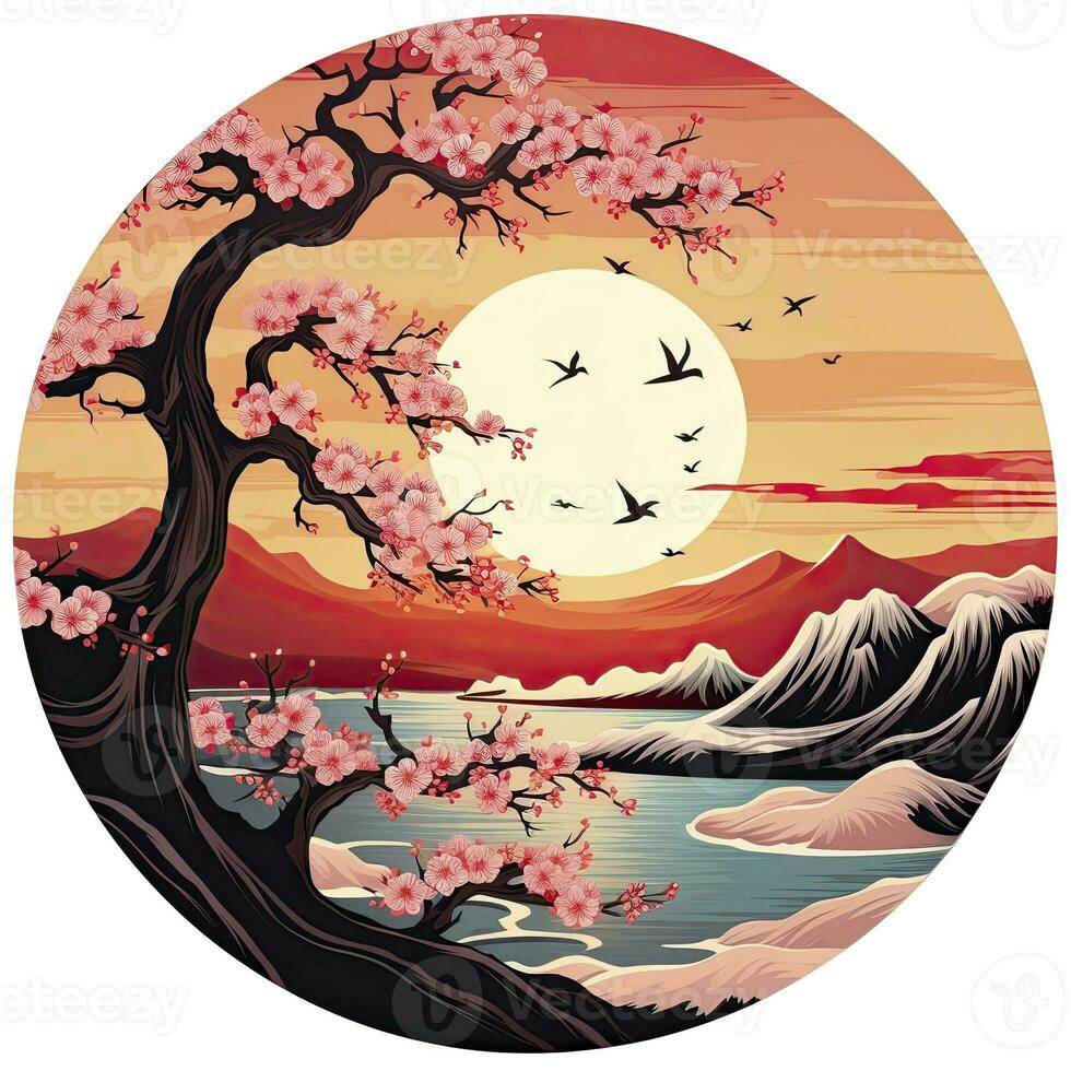 AI generated Cherry blossoms in the sunset background. Japanese tattoo style. AI Generated photo