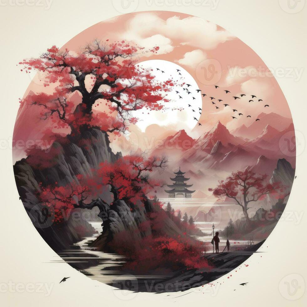 AI generated Chinese ink painting. T-shirt Design. AI Generated photo