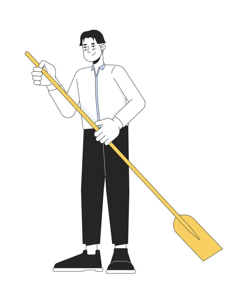 Formal wear korean man holding paddle 2D linear cartoon character. Asian young male isolated line vector person white background. Water activity paddleboarding color flat spot illustration