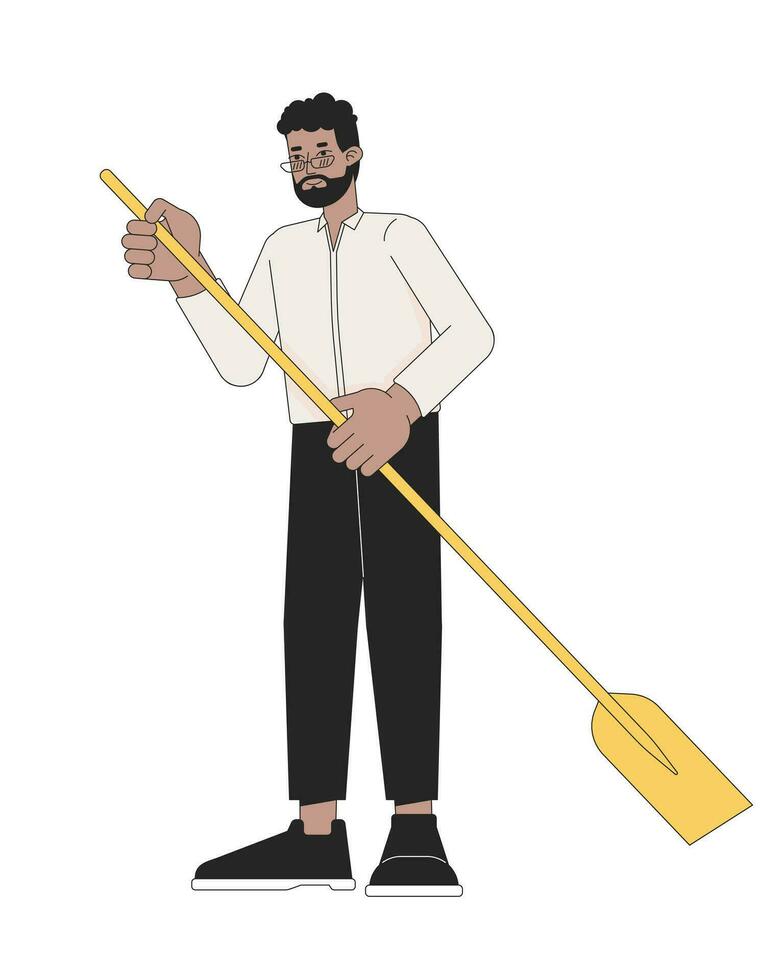 Formal wear black adult man holding paddle 2D linear cartoon character. African american male isolated line vector person white background. Water activity paddleboarding color flat spot illustration