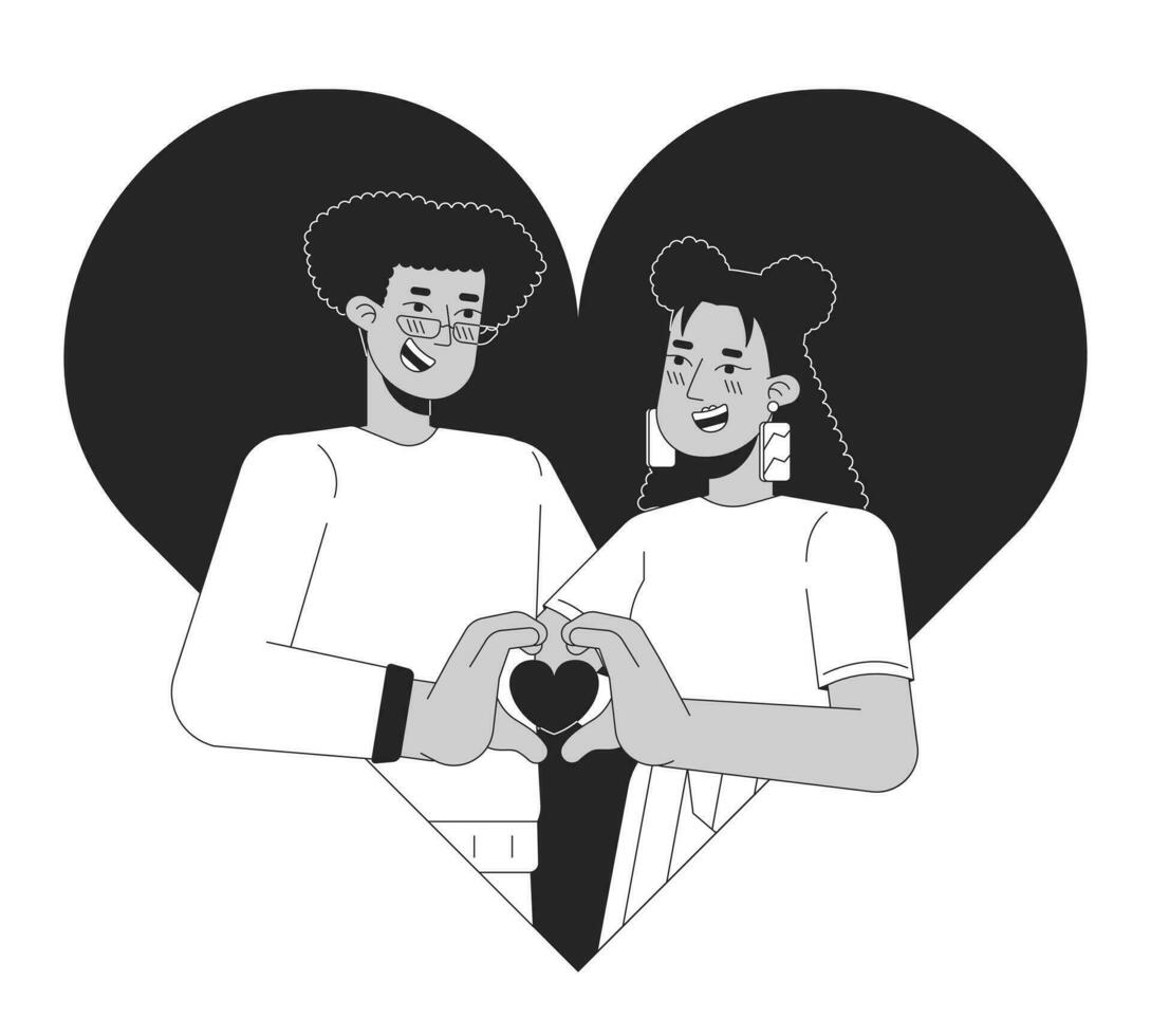 relación heterosexual Pareja Hispano negro y blanco 2d ilustración concepto. enamorado día latín americano dibujos animados contorno caracteres aislado en blanco. pareo metáfora monocromo vector Arte