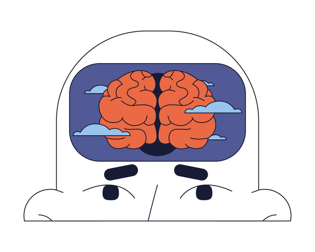 Brain fog 2D linear illustration concept. Fatigue mental clouding cartoon character head isolated on white. Burnout syndrome. Seasonal affective disorder metaphor abstract flat vector outline graphic