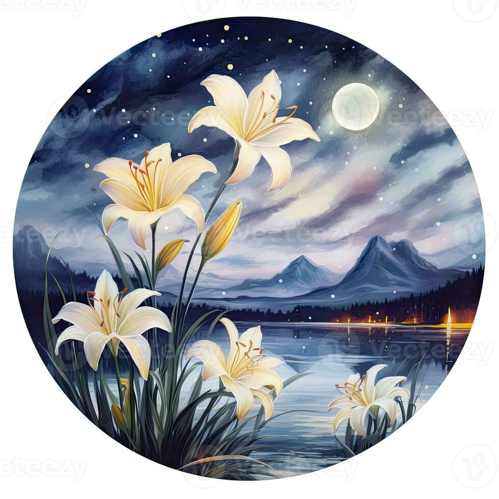 AI generated Watercolor fairy lilies blooming under a starry night sky on a white background. AI Generated photo