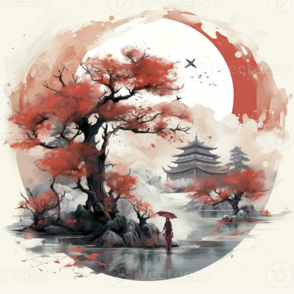 AI generated Chinese ink painting. T-shirt Design. AI Generated photo