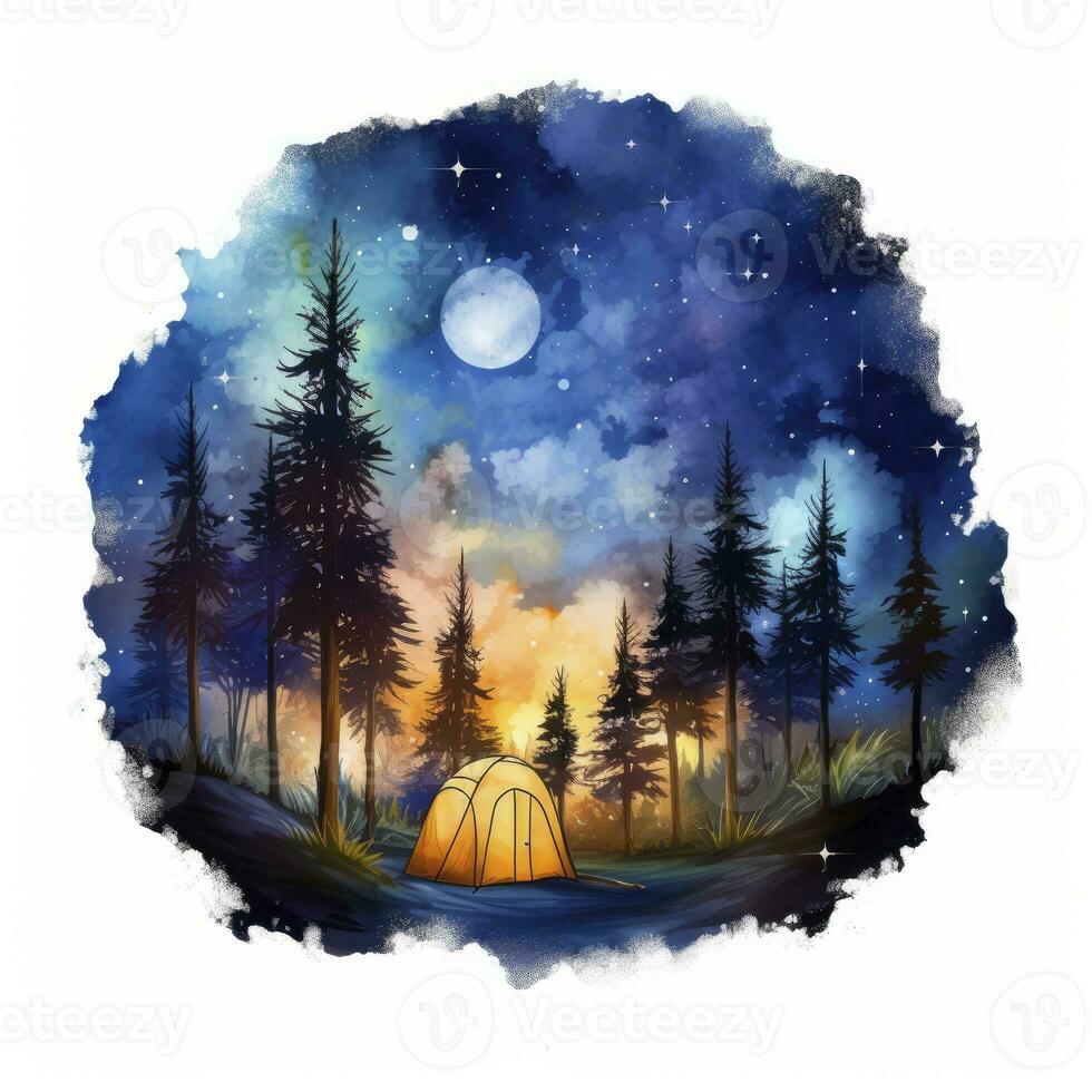 AI generated A Camping Tent in the forest with Night sky, watercolor for T-shirt Design. AI Generated photo