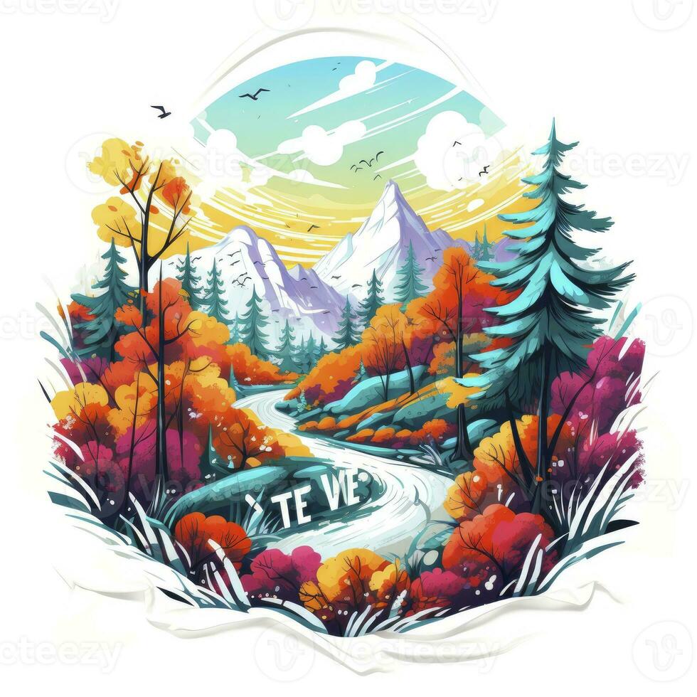 AI generated Vibrant colors wilderness hiking scene for t-shirt. AI Generated photo